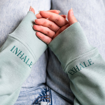 Aloe colour sleeves with 'INHALE' and 'EXHALE' text by Every Little Thread
