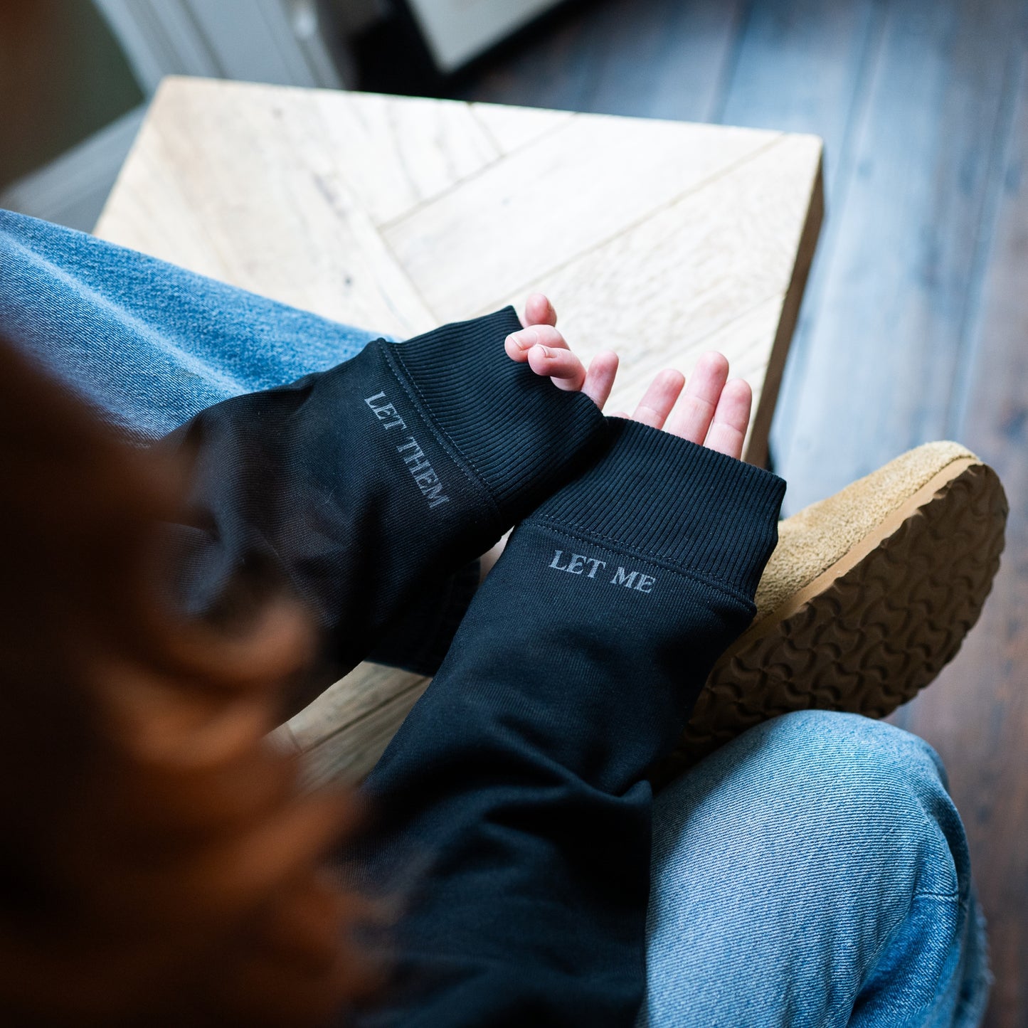 Black sleeves with 'INHALE' and 'EXHALE' text by Every Little Thread