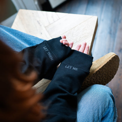 Black sleeves with 'INHALE' and 'EXHALE' text by Every Little Thread